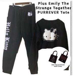 Dolls Kill Hello Kitty 3 Piece Sweatpants Sweatshirt XXL Emily the Strange Tote
